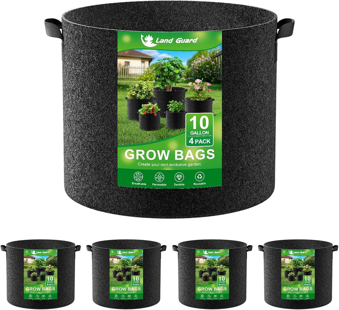 Land Guard 4-Pack Fabric Grow Bags 10 Gallon, Thickened Nonwoven Garden Pots, Growing Bags with Handles, Black