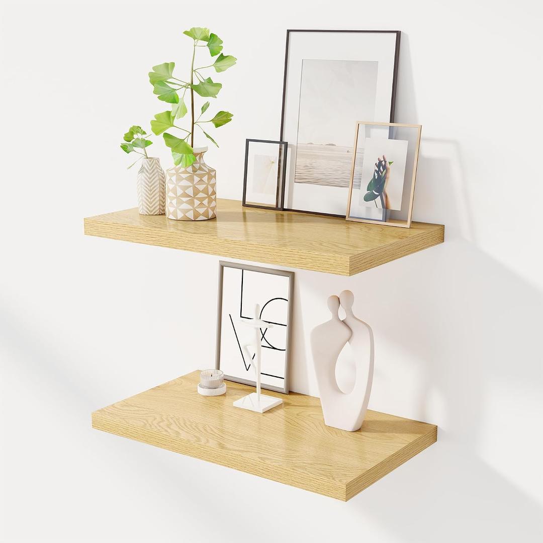 Dreamland 24" Floating Shelves for Wall, 12" Deep Slim Oak Floating Shelves, Wall-Mounted Shelves for Bedroom, Living Room, Kitchen, Bathroom - Set of 2, 24"L x 12"D x 1.3"H, Set of 2