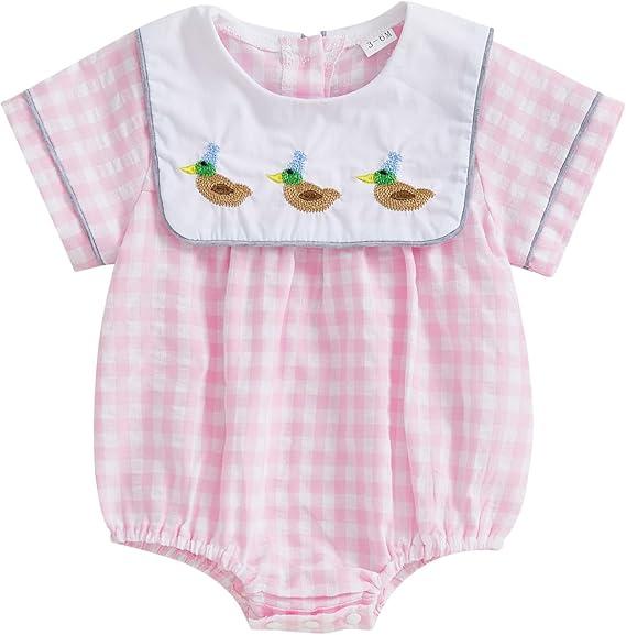 Baby Girl Summer Outfit Plaid Bubble Romper Vintage Smocked Outfits Farm Onesie Newborn Clothes Summer, 12-18 months