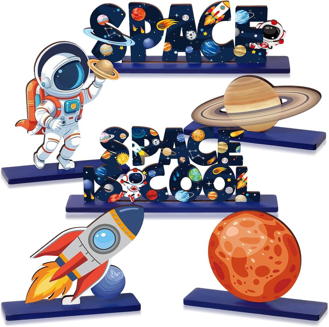 6 Pcs Space Party Decoration Outer Space Tiered Tray Decoration Astronaut Rocket Planet Centerpieces for Table Wooden Standing Block for Space birthday Party supplies