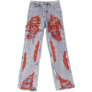 Men's High Street Hip Hop Ripped Brushed Heavy Embroidery Loose Straight Leg Jeans Design Pants Pants for Men (3X-Large, Blue)