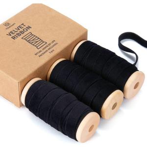 3 x Vitalizart Black Velvet Ribbon Set 3/8" x 15 Yd Wooden Spool Fabric Trim 3 Rolls * 5 Yd for Christmas Wreath Decoration Handmade Craft Ornaments Gift Wrapping & Bow Making