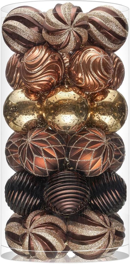JORNOY Christmas Balls Ornaments, 30ct Shatterproof Xmas Tree Decorations, Hanging Bulbs Baubles Set with String for Holiday Home Party Decor, 2.36 inch/60mm, Brown Gold