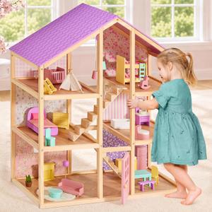 Tiny Land Wooden Dollhouse for Girls - 6 Rooms Wooden Doll House, 1:12