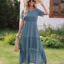 BTFBM Women Casual Short Sleeve Crew Neck Summer Dress Bohemian Floral Printed Flowy Maxi Dresses Tiered Cocktail Dress (Blue, XL)