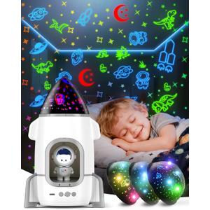Rocket Night Light Projector for Kids Boys Toddlers Sensory Toys with Music & Films, Nightlight Lamp Astronaut Ceiling Star Projector 360 Rotation &  Rechargeable, Birthday Gifts Kids Bedroom Room Decor (White)
