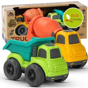 Toddler Car Toys for 1-3 Year Old, BPA Free, Phthalates Free, PVC, Dump Truck, Mixer Cement, Easter Christmas Birthday Gifts for 2 3 4 Year Boy Girl. Dishwasher Safe, Recycled Plastic (A-green and Yellow)