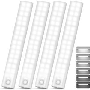 10 Under Cabinet Lighting, 68LEDS Motion Sensor Light Indoor, Rechargeable Battery Magnetic Closet Light, Wireless Under Counter Lights for Kitchen, Stairs, 4-Pack Daylight