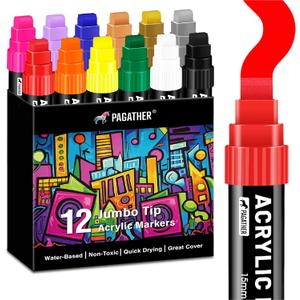 12 Colors Jumbo Acrylic Markers with 15mm Felt Tip  Large Permanent Paint Pens for Rock Painting, Stone, Poster, Canvas, Glass, Wood, Ceramic