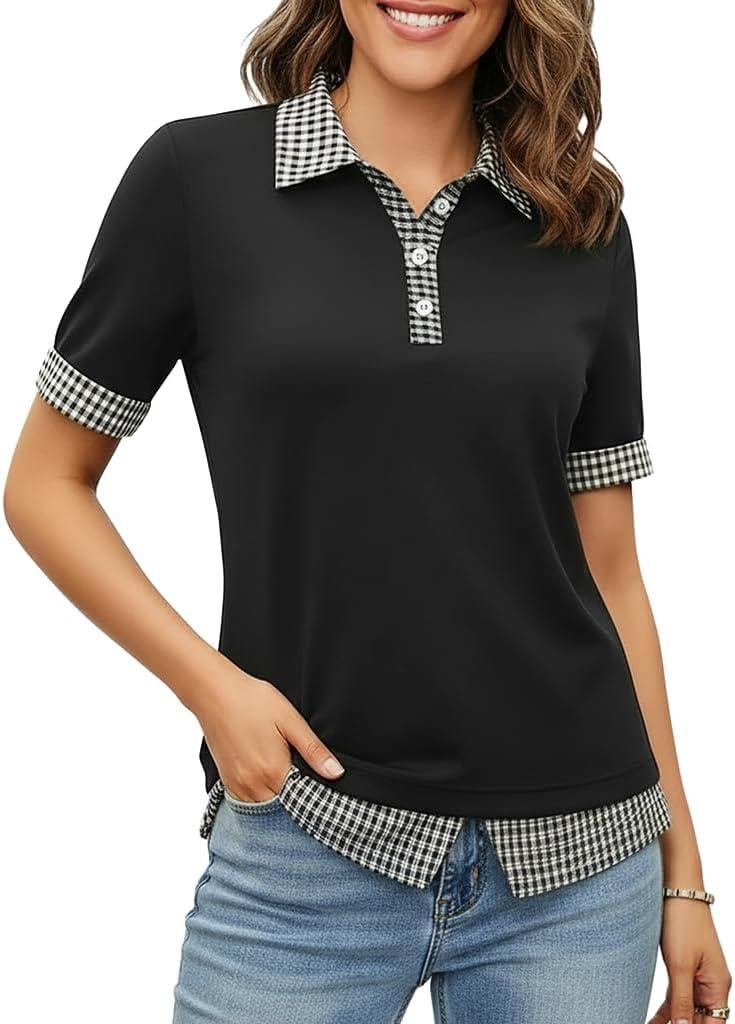 Disamer Womens Summer Tops Spring Fashion 2026 Short Sleeve Shirts Patchwork Button V Neck Tunic Tops Casual Work Blouses (Medium, Plaid Black)