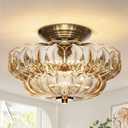 Semi Flush Mount Ceiling Light,11IN Vintage Gold Hallway Lights Fixture,3-Bulb Globe Amber Glass Close to Ceiling Light for Bathroom, Hallway, Dining Room,Bulb Not Included