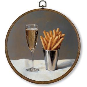 Qskjre Vintage Champagne French Fries Wall Art Decor, Gifts for Cocktail Lovers Round Wood Framed Canvas Wall Artwork, Trendy Food Hanging Prints for Bar Cart Kitchen Dining Room Decorations 10"x10"