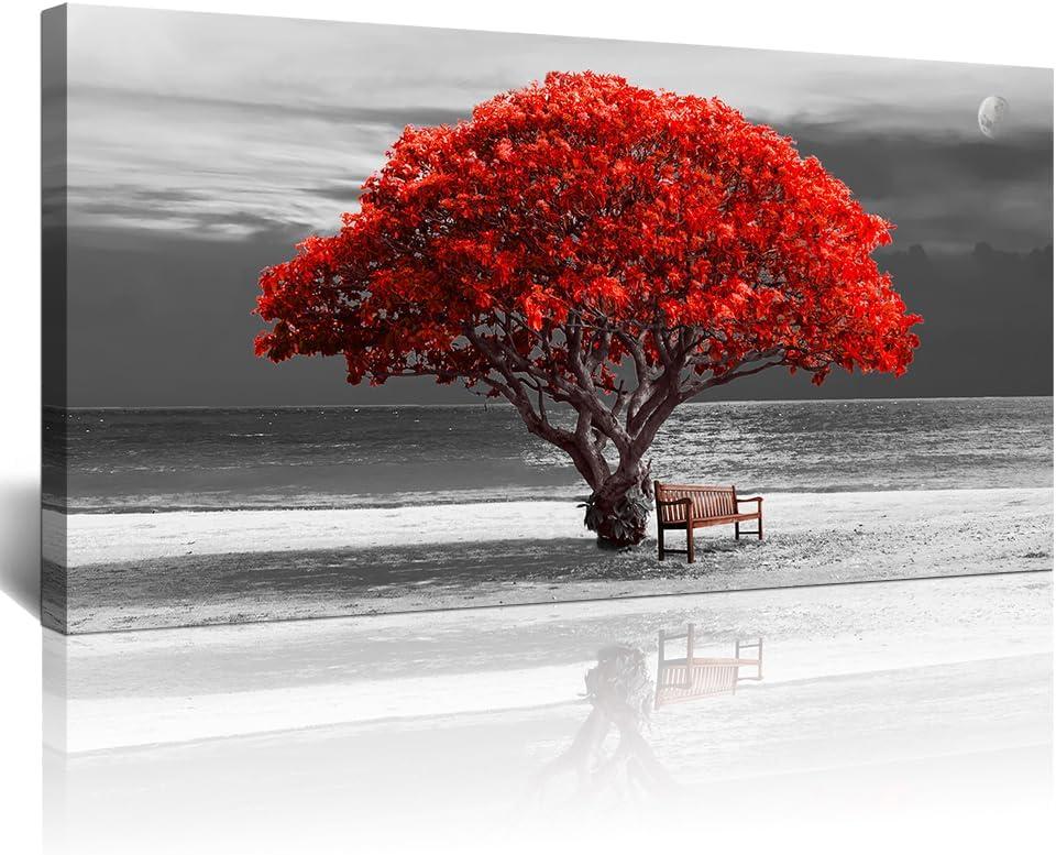Wall Decor Living Room Large Size Canvas Wall Art Black White With Landscape Moon Painting Red Trees Canvas Pictures Artwork Office Decor Boho Home Decorations 30" X 60"