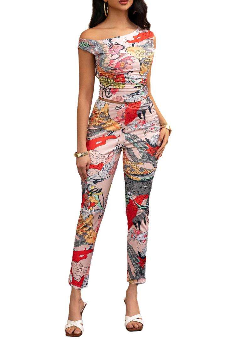 AIMISHI 2 Piece Outfits for Women Print Off the Shoulder Crop Tops High Waist Long Pants Sets Tracksuit White Red Combo Small (S)