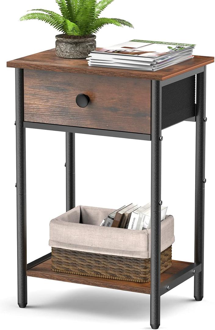 Night Stand Bedside Tables with Drawer Rustic End Table for Small Spaces 2 Tiers Side Table Nightstands for Bedroom, Living Room, Study, Office (15.4" x 11")