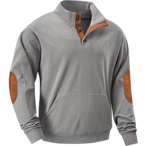 JMIERR Mens Corduroy Sweatshirt Casual Stand Collar Quarter Fall Metal Button Pullover Sweaters Long Sleeve with Pockets (Gray, XXL)