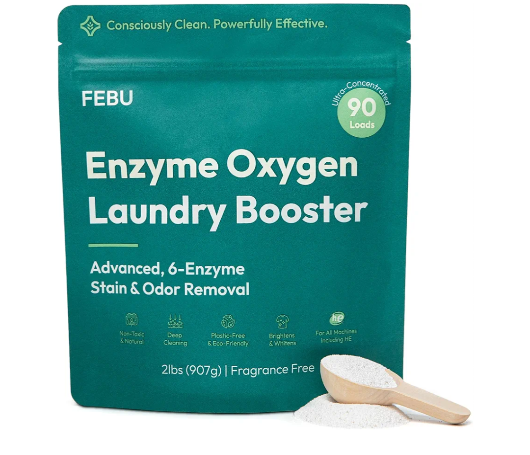 FEBU Enzyme Oxygen Laundry Booster, Odor Eliminator & Stain Remover | Advanced 6Enzyme Formula for Sweat, Pet & Musty Odors | PlantBased, Safe, PlasticFree Powder, USAMade | Fragrance Free, 2lbs