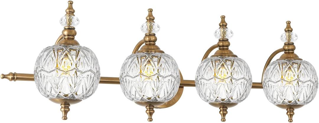 Brushed Gold Bathroom Vanity Light Fixture Vintage Style - 4 Light G9 Bulb Compatible, 30" Wide Bathroom Lighting Over Mirror with Hand-Etched Glass Shades, Easy Mount for Makeup Area