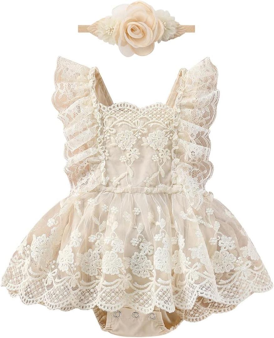 FYMNSI Newborn Baby Girl 1st Birthday Outfit Floral Lace Tulle Romper Tutu Dress Cake Smash Princess Boho Clothes Photo Shoot, 6-12 Months