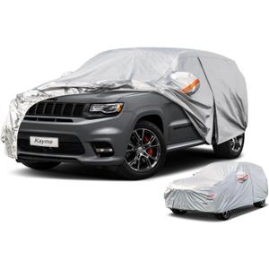Kayme 6 Layers SUV Car Cover Waterproof All Weather for Automobiles, Outdoor Full Size Cover Rain Sun UV Protection with Zipper Cotton, Universal Fit for SUV Jeep (191-200 inch) (Aluminum-Silver)