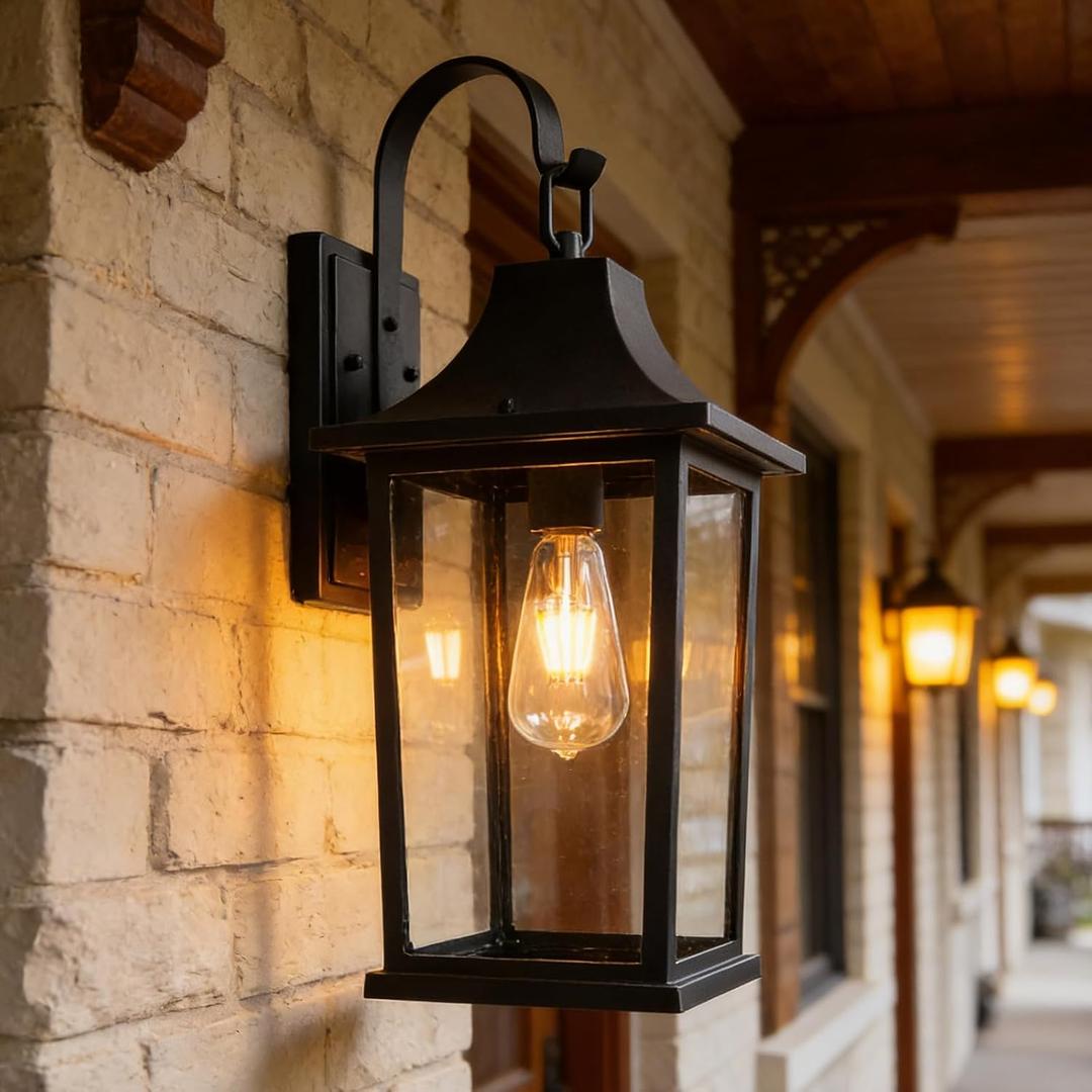 20inch Large Outdoor Wall Lights，Black Outside Porch Sconce Lighting with Matte Black Finish & Glass Shade，Anti-Rust E26 Socket Front Door Mount Lighting, Large-1 Pack