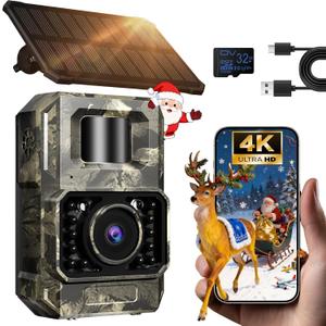 MAXDONE Solar WiFi Trail Camera Bluetooth Game Camera, 4K 64MP Wildlife Cameras 2000mAh Built-in Battery Rechargeable Power Hunting Cameras with Night Vision Trail Cam Bluetooth Wi-Fi Deer Cams (PH960W-1)