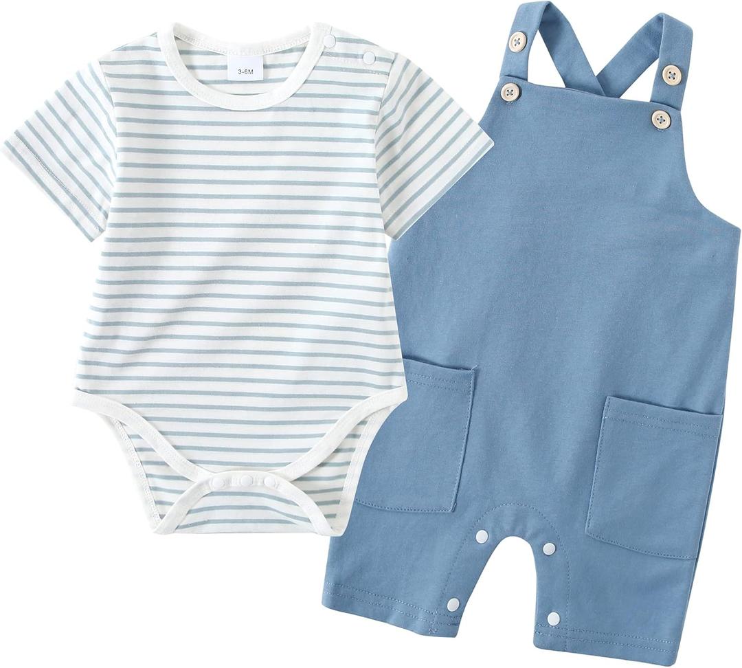 YALLET Baby Boy Clothes Infant Boy Summer Outfits  Romper+Bib Suspender Shorts Bodysuit Overalls Set (Light Blue), Size: 0-3 Months