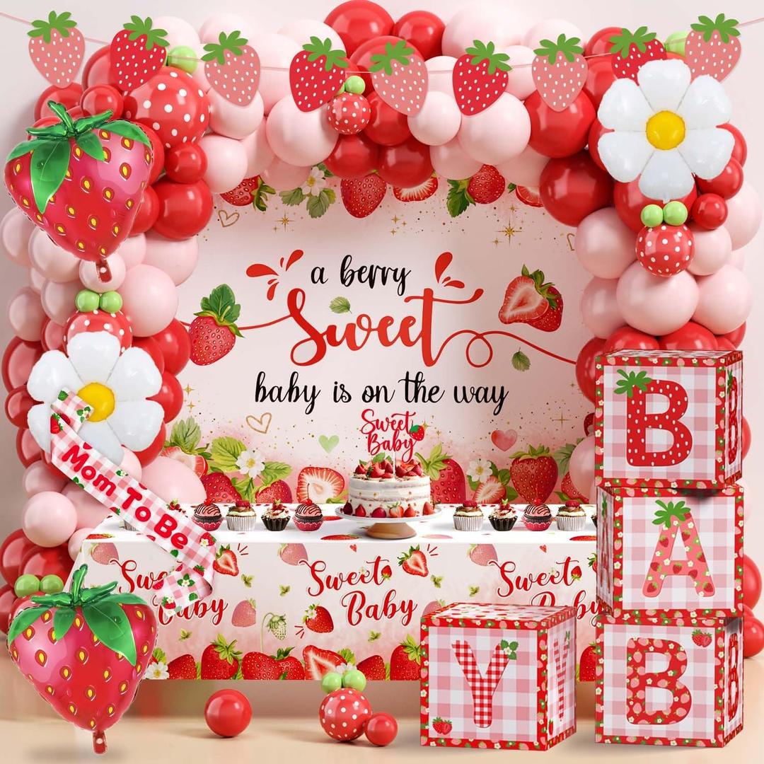 114Pcs Strawberry Baby Shower Decorations Balloons Boxes Kit, Berry Sweet Shortcake Baby Shower Balloon Arch Baby Boxes Backdrop Banner Tablecloth Cupcake Topper Mom to Be Sash Kit