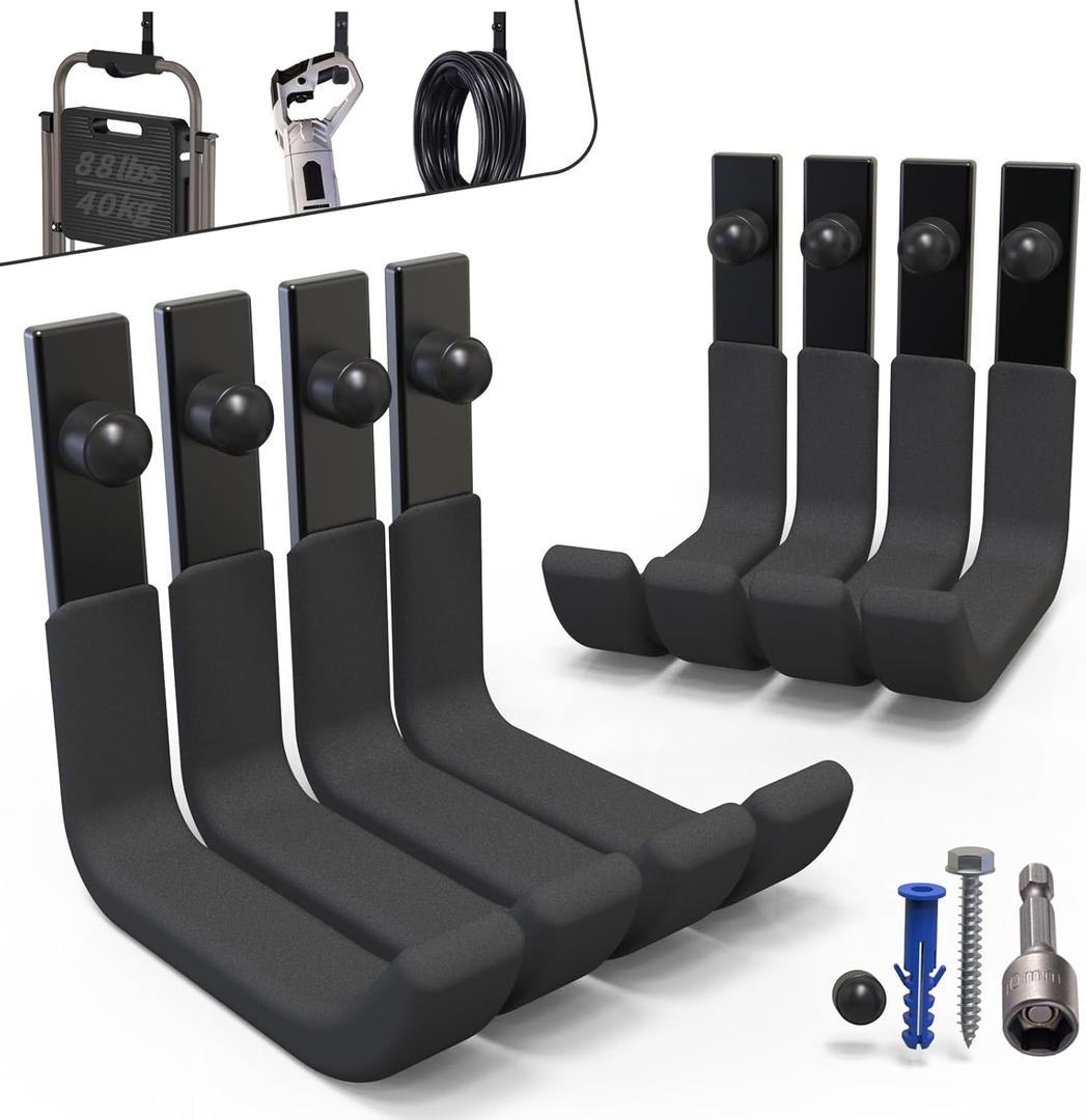 8 Pack Garage Storage Hooks, Ladder Hangers, Steel Wall Mount Hooks, Utility Hooks for Hanging Heavy Duty Shed Tools, Ropes, Garden Hoses, Shovel, Bulk Items, etc.88lbs, 4Inch (Black)