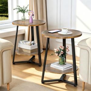 Round Side Table Set of 2, 2-Tier Small End Table with Storage Shelf, Ultra Stable Coffee End Table/Nightstand, Modern Farmhouse Couch Table for Living Room, Bedside Stand or Small Spaces, Brown