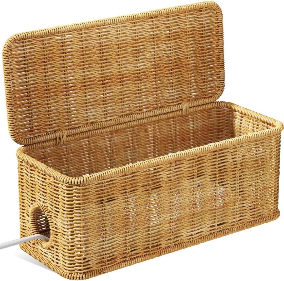 Cable Management Box,2 Open Slots Cord Organizer Hider Box with Lid,13.7" L*6.2" W Handwoven Imitation Rattan Cable Organizer Box for TV Wire Computer Router & Power Strip-A Style(Light Brown)