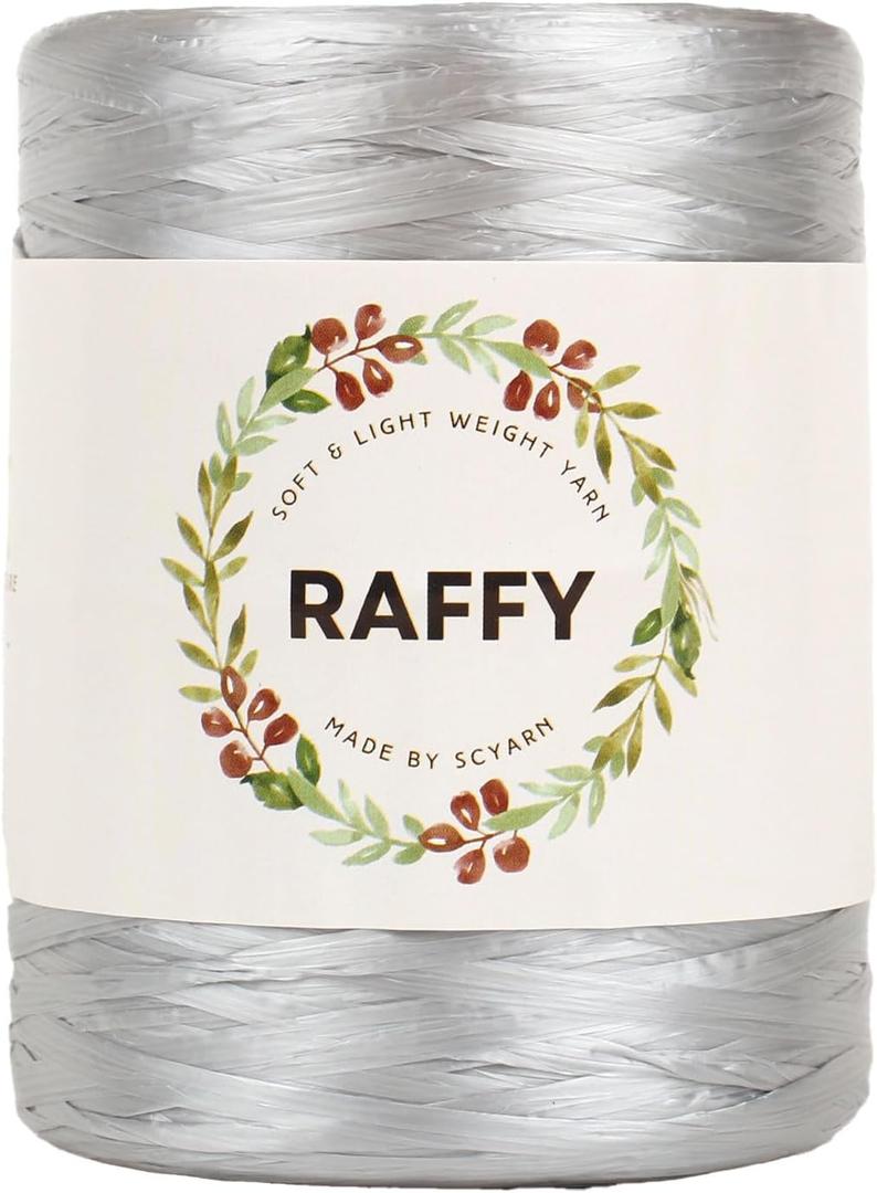 RAFFY Ribbon Yarn Soft and Light Weight Knitting and Crocheting for Making Summer Beach Bag & Sun Hat 100% Polyester (Silver)