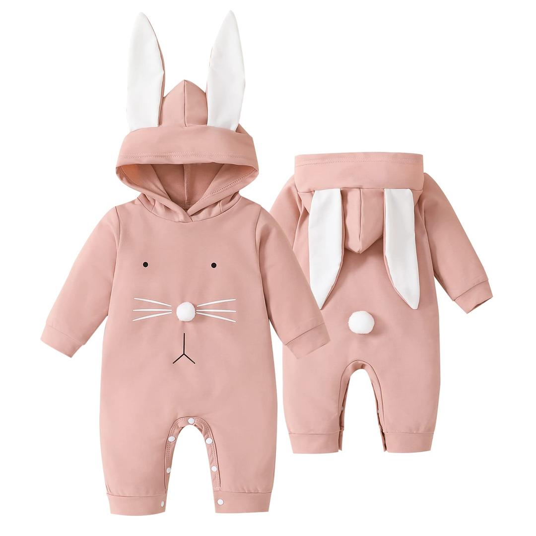 Guodeunh Newborn Baby Girl Boy Easter Romper Bunny Rabbit Ears Hooded Jumpsuit Little Sister and Brother Matching Outfit (Pink, 0-3 Months) (Pink)