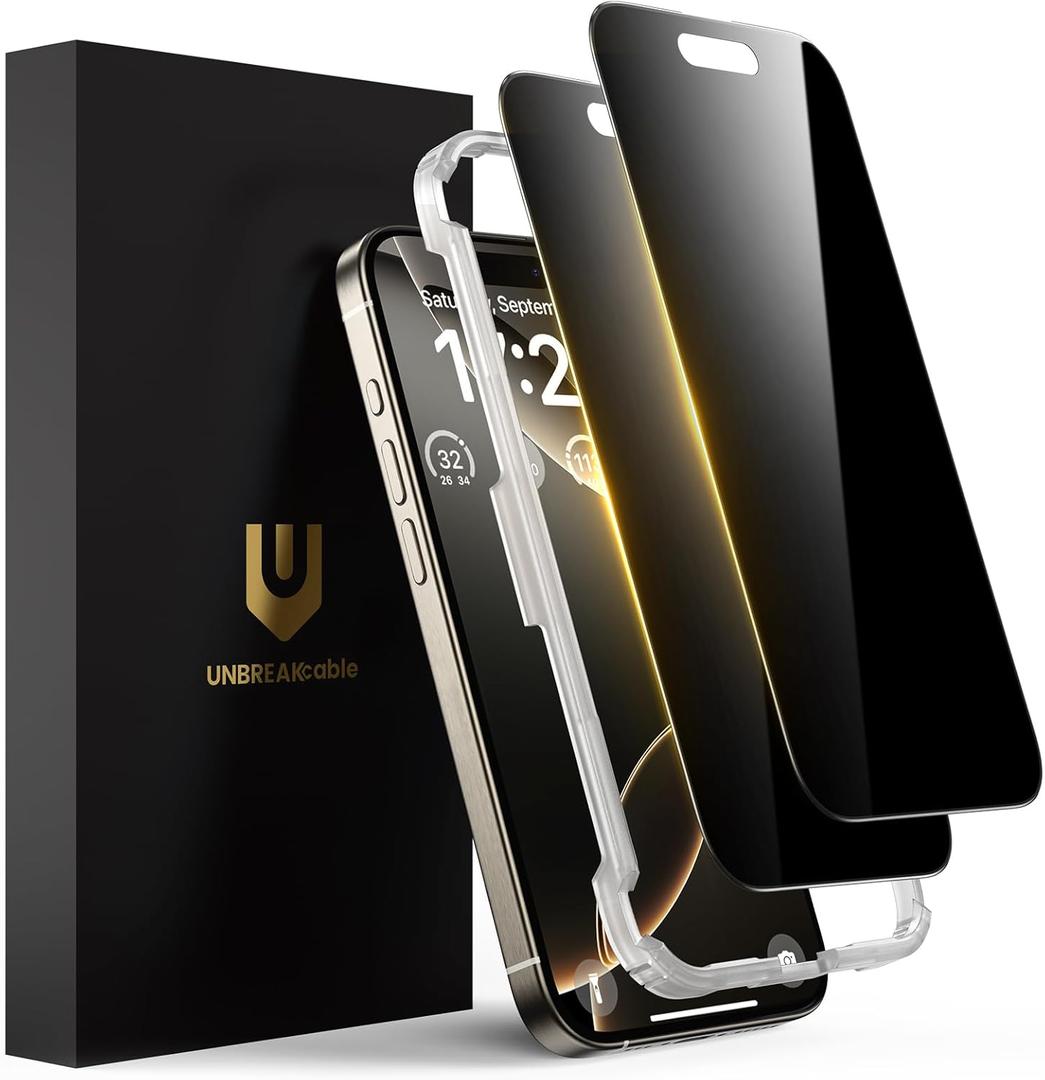 UNBREAKcable Privacy Screen Protector for iPhone 16 Pro Max, Anti-Spy Shatterproof Tempered Glass [True 28Anti Spy] [9H Hardness] [Easy Installation Frame] Black Protector for iPhone 6.9" - 2 Pack