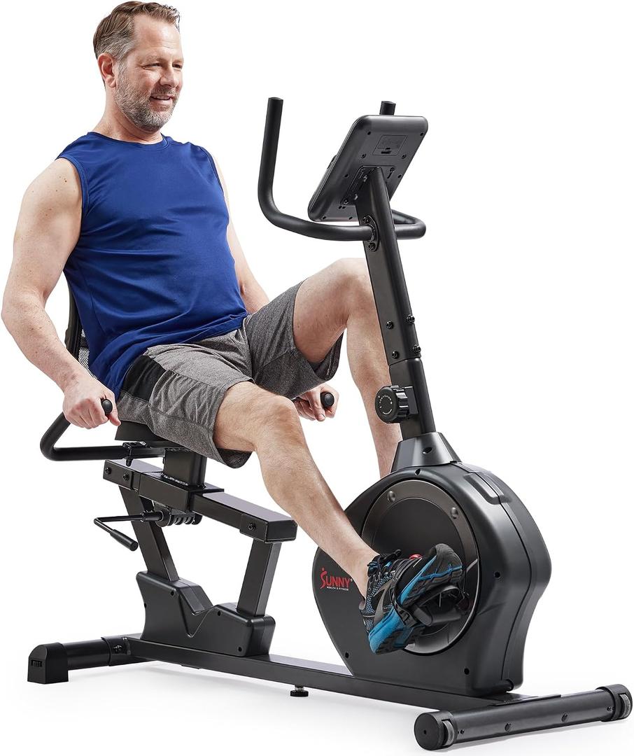 Sunny Health & Fitness Smart Recumbent Bike w/Wide Cushioned Seat & Back, Indoor Cycling Machine for Adult/Seniors Home Exercise, Free SunnyFit App Connection