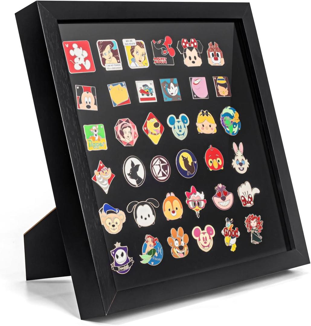 Enamel Pin Display Frame, 11x11 Shadow Box for Wall and Tabletop Display, Pin Collection Display, Pin Holder, Black