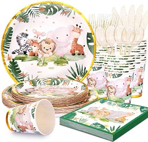 Safari Baby Shower Decorations for Boy, Jungle Baby Shower Plates and Napkins Sets for 24 Guest, Safari Party Supplies-Sage Green Plates Napkins Cups Cutlery for Boy Girl Gender Reveal Birthday Party