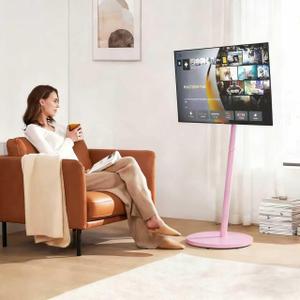 Pink Rolling TV Stand for 32 to 43 55 65 75 Inch TVs, Portable Mobile TV Cart on Wheels, Corner TV Floor Stand with Rotating, Height Adjustable, Small TV Stand for Bedroom, Living Room