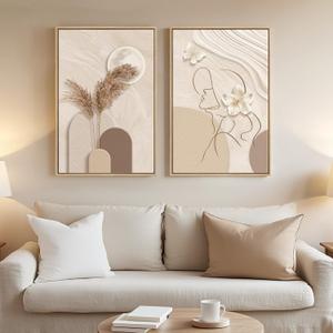 Framed Neutral Abstract Wall Art for Living Room, Set of 2 Modern Beige and Taupe Canvas Paintings Prints Artwork for Walls, Woman Silhouette Pictures Wall Decor for Bedroom Home Office, 16x24 Inch