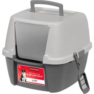 IRIS USA Cat Litter Box Large with Front Door Flap, Covered Enclosed Litter Box Enclosure with Scoop, Handle & Buckles for Portability & Privacy, Hidden Litter Pan, Gray