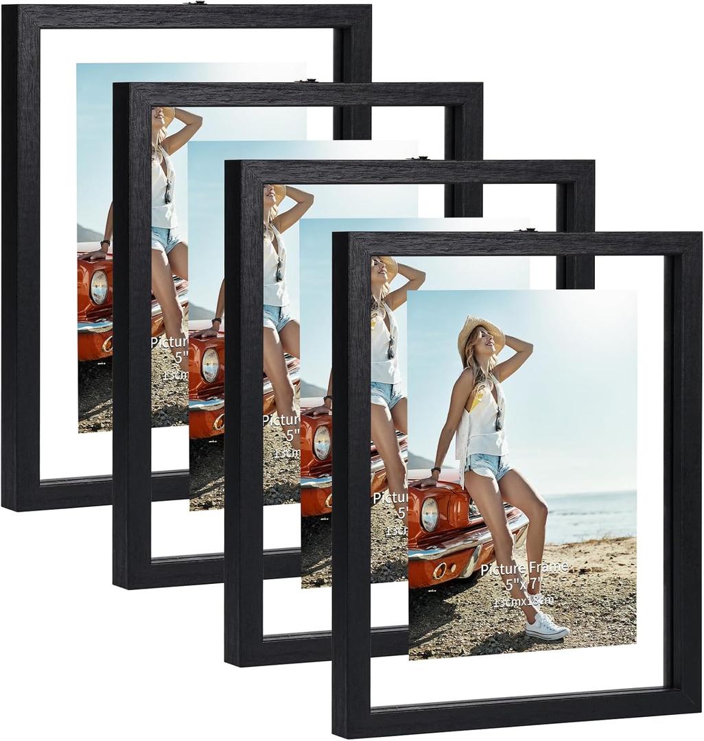 Trwcrt 5x7 Floating Picture Frames Set of 4, Double Glass Photo Frame Display up to 7 x 9 Photos for Desktop or Wall Hanging, Black