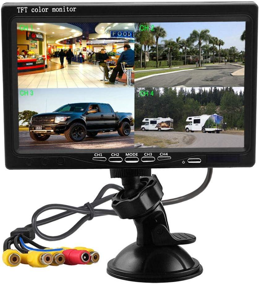 Hikity 7 Inch Vehicle Backup Camera Monitor only, Quad Split HD LCD Display Screen, Car Monitor for SUV Van RV Truck, V1/V2/V3/V4 Video Input, 9V/36V + Headrest Mounting Bracket & Dash Stand