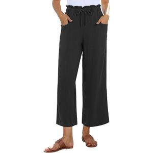 siliteelon Wide Leg Linen Pants for Women Summer Capri Palazzo Flowy Pants Casual Loose High Waist Trousers with Pockets (Black, L)