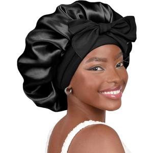 YANIBEST Silk Bonnet for Sleeping Women Satin Bonnet Double Layer Satin Lined Hair Bonnet with Tie Band Curly Hair Black (Large)