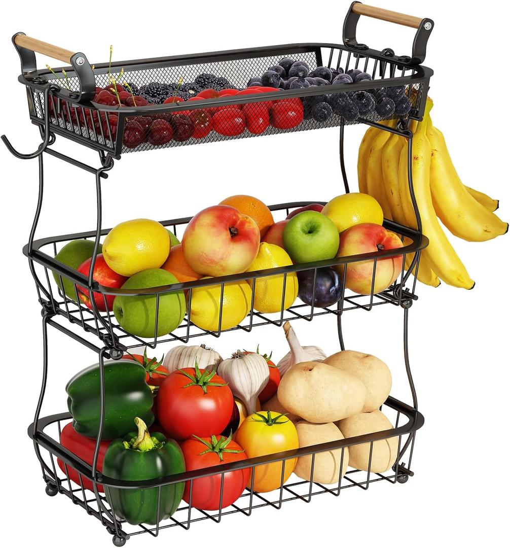 ANTOPY 3 Tier Fruit Basket with 2 Banana Hangers, Countertop Fruit Vegetable Basket Bowl for Kitchen Counter Metal Mesh Basket Fruits Stand Produce Holder Organizer for Onion Potato Bread Snack Veggie (Black (3 Tier with Banana Hangers & Mesh Top))