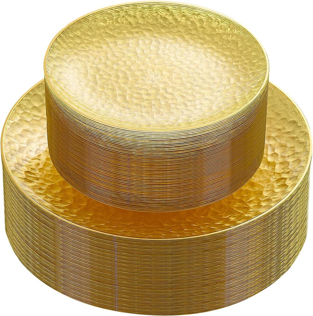 Rubtlamp 60Pcs Yellow Gold Plastic Plates, Yellow Disposable Plates With Gold Rim, Clear Heavy-duty Party Supplies, Hammered Plastic Plates Include 30 Dessert Platos, 30 Dinner Platos for Party