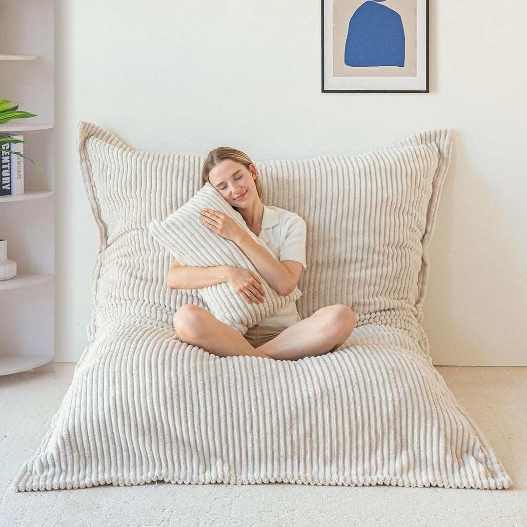 MAXYOYO Giant Bean Bag Chair with Pillow, 3 in 1 Convertible Bean Bag Chair for Adults with Washable Cover, Removable Floor Cushion Stuffed Floor Lounger for Living Room Bedroom, White, Full