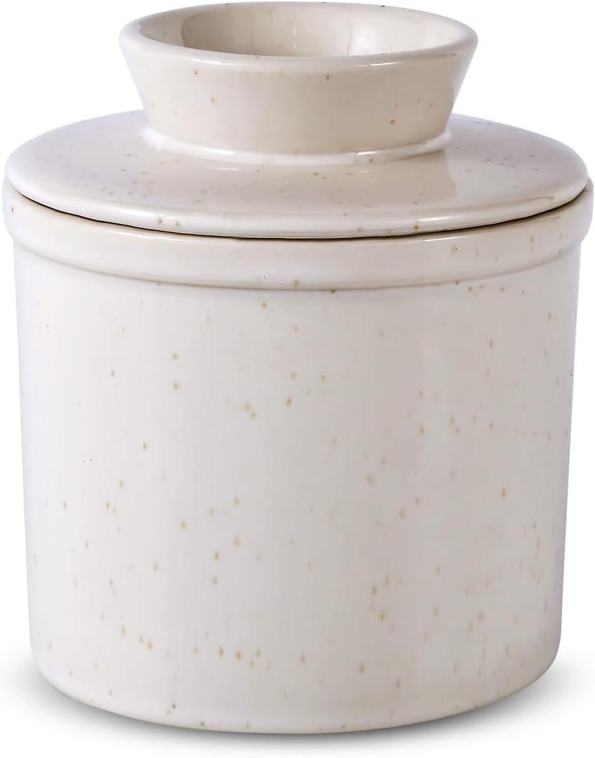 Premium Butter Crock with Lid - Elegant French Butter Keeper for Fresh & Spreadable Butter - Countertop Porcelain Butter Container with Water Seal - Effortless Spreading & Daily Use (Speckled White) (Large)