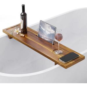 Bathtub Tray, Acacia Bath Tray for Tub, 34.6''x9'' Wooden Bathtub Caddy Tray with Adjustable Legs Fit Various Bathtubs, Anti-Tipping, Sustainable Bath Table with Wine Glass and Tablet Holder