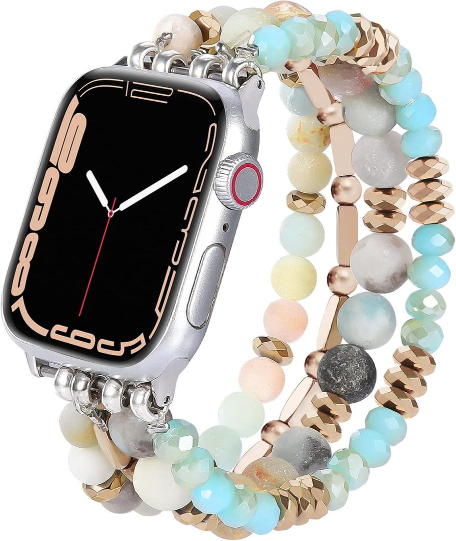 VISOOM Beaded Boho Bracelet Compatible for Apple Watch Band 40mm/38mm/41mm/42mm Series 11 10 9 8 7 SE Series 6/5/4 Women Fashion Cute Handmade Crystal Beads Stretchy Watch Strap for iWatch Bands 3/2/1 (Amazonite Mint Blue)